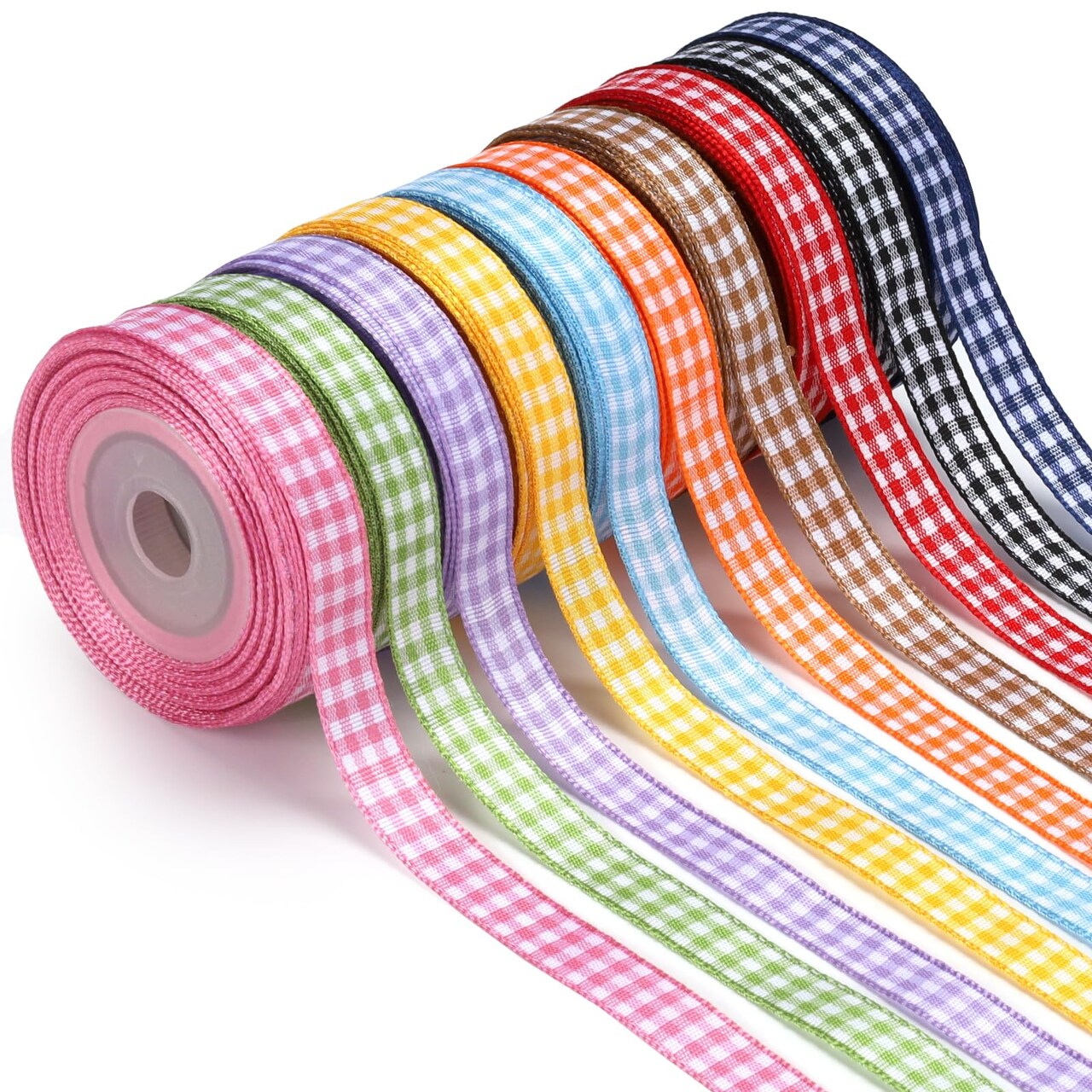 10 Color 100 Yards Gingham Ribbon Variety Pack, 3/8" X 10 Yards/Roll Assorted Spring Easter Plaid Ribbon for Crafts, Gift Wrapping, Hair Bows, Birthday, Babyshower Decoration